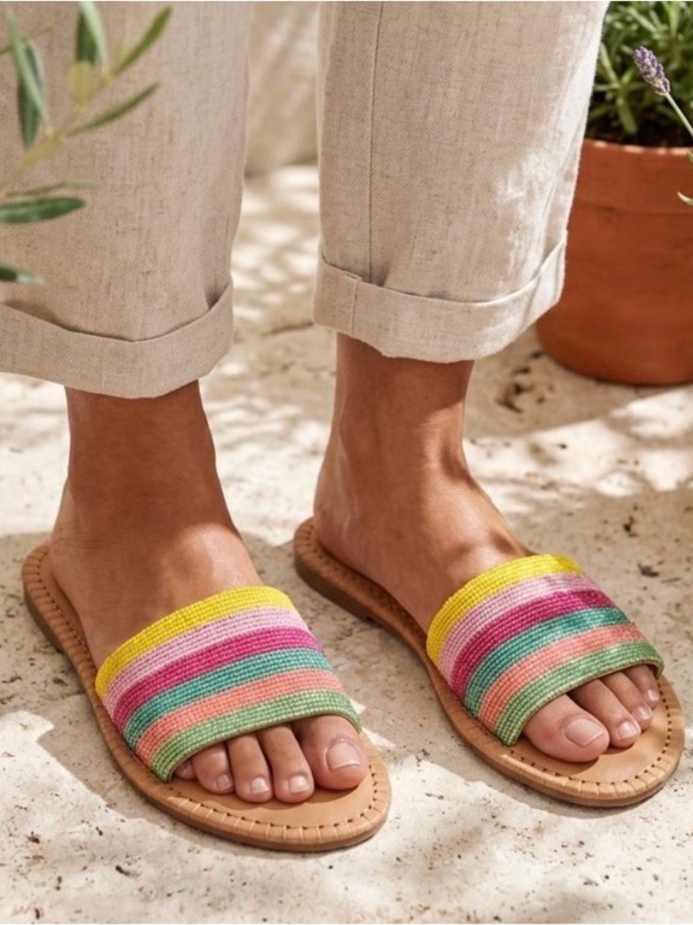 On 34th Women's Mavise Beaded Flat Slide Sandals featuring a rainbow-striped